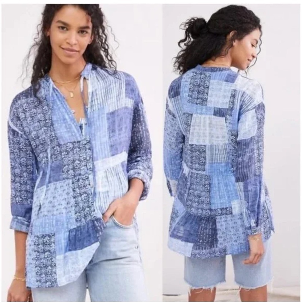 Pilcro Anthropologie Blue Patchwork Boho Tunic Top